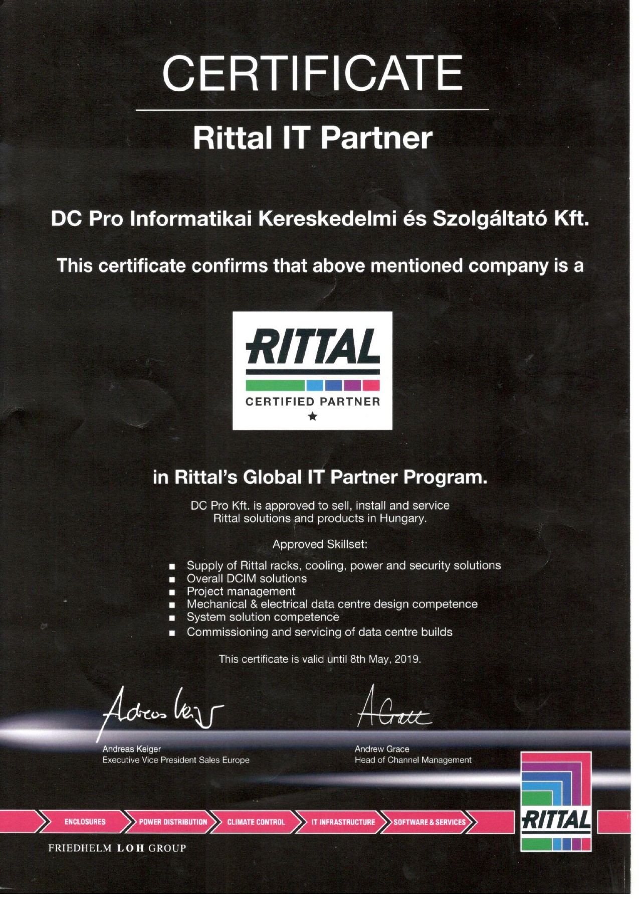A DC Pro Kft. Rittal IT Partner tanúsítványa, 2019. május 8-ig feltüntetett érvényességgel